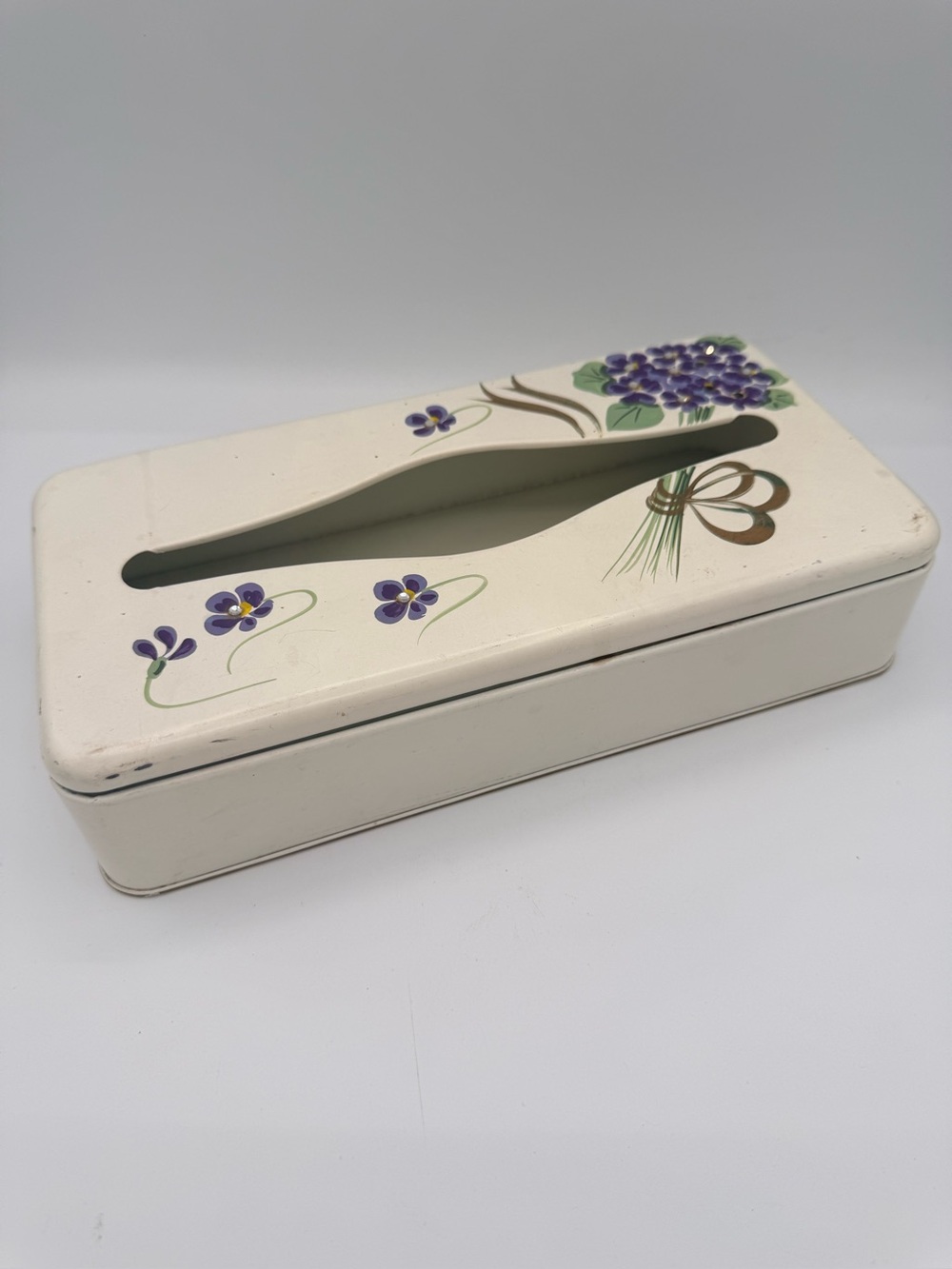 Vtg Mid Century Metal Tissue Box Holder Hand Painted Purple Floral Cottagecore